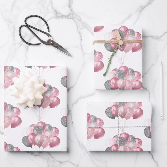 Glittery Balloon Bunch Pink und Silver Muster Geschenkpapier Set (Vorderseite)