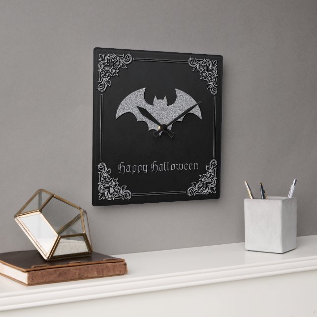 Glittery Bat Halloween Quadratische Wanduhr (Büro)