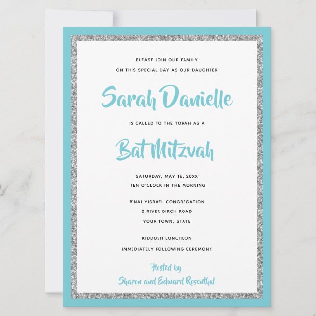 Glittery Bat Mitzvah Blue und Silver Large Einladung (Vorderseite)