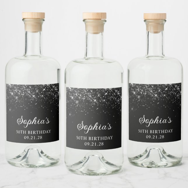 Glittery Black 50. Geburtstag Alkoholflaschenetikett (Flaschen)