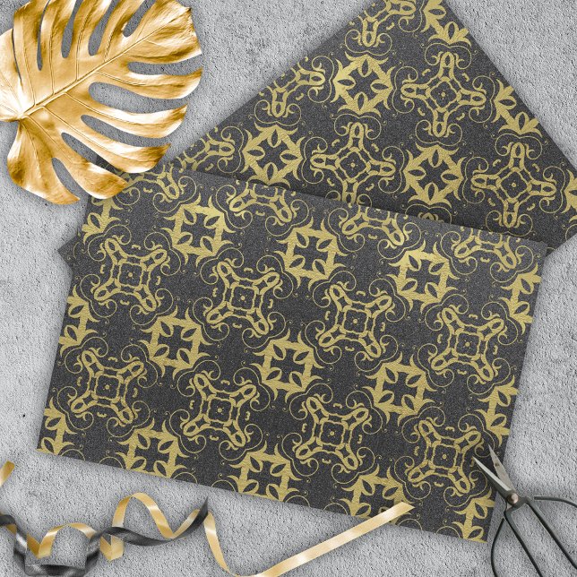Glittery Black Imitats Gold Metallic Damask Muster Seidenpapier (Von Creator hochgeladen)