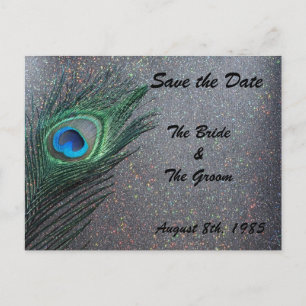 Glittery Black Peacock Save the Date Ankündigungspostkarte