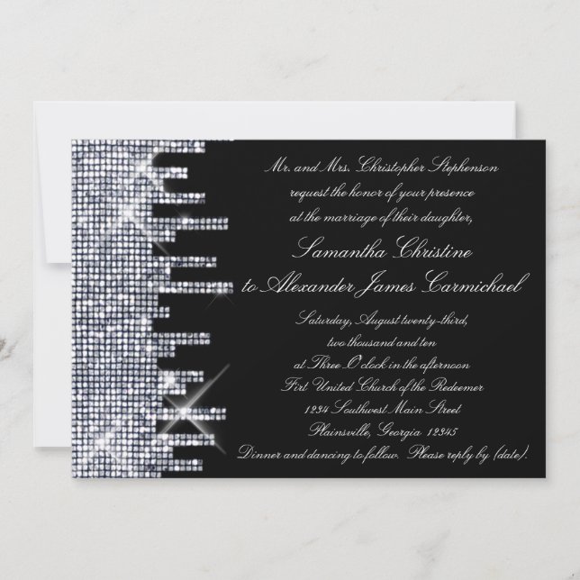 Glittery Black/Silver Glamour Hochzeitseinladungen Einladung (Vorderseite)