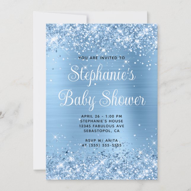 Glittery Blue Foil Online Registry Baby Dusche Einladung (Vorderseite)