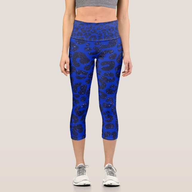 Glittery Blue Modern Leopard Pattern Capri Leggings (Vorderseite)