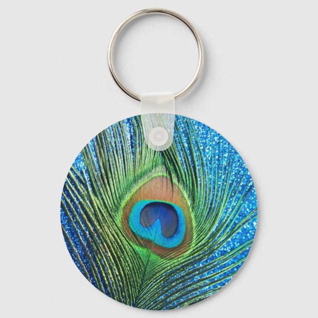 Glittery Blue Peacock Feather Still Life Schlüsselanhänger (Vorderseite)