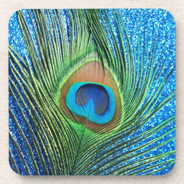 Glittery Blue Peacock Feather Still Life Untersetzer (Vorderseite)