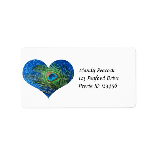 Glittery Blue Peacock Heart Adressaufkleber (Vorne)