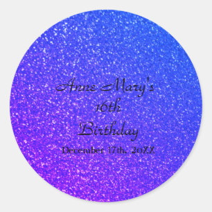 Glittery Blue Sparkle Individuelle Name 16. Geburt Runder Aufkleber
