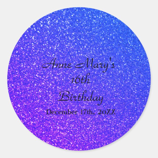 Glittery Blue Sparkle Individuelle Name 16. Geburt Runder Aufkleber (Vorderseite)