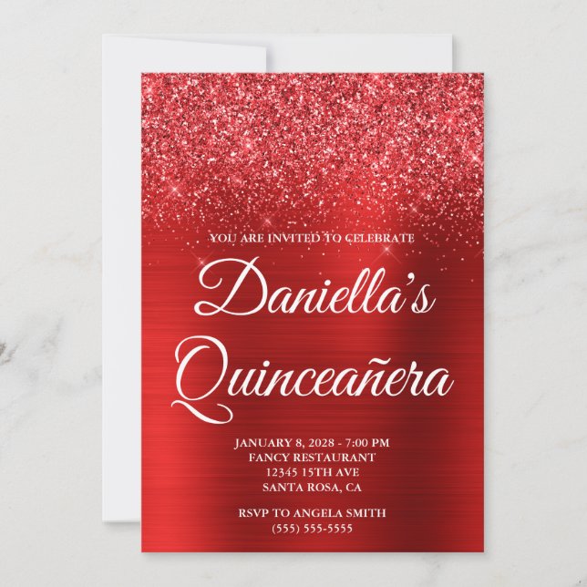 Glittery Bright Red Foil Quinceañera Einladung (Vorderseite)
