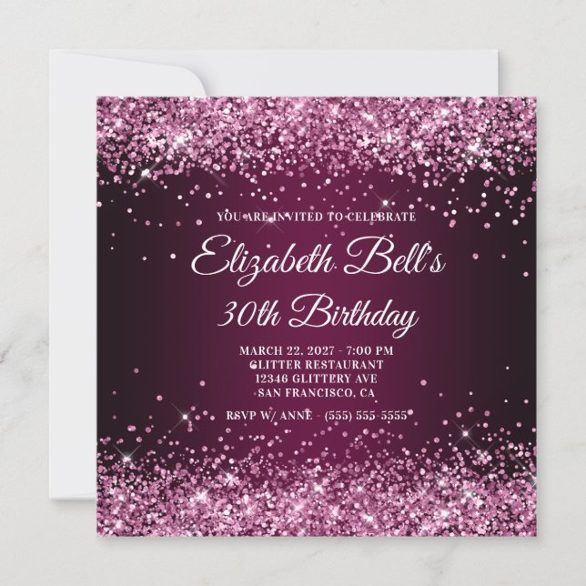 Glittery Burgundy Wine Ombre 40th Birthday Einladung (Vorderseite)