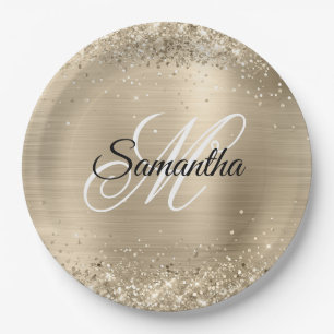 Glittery Champagne Foil Extravagant Monogram Pappteller