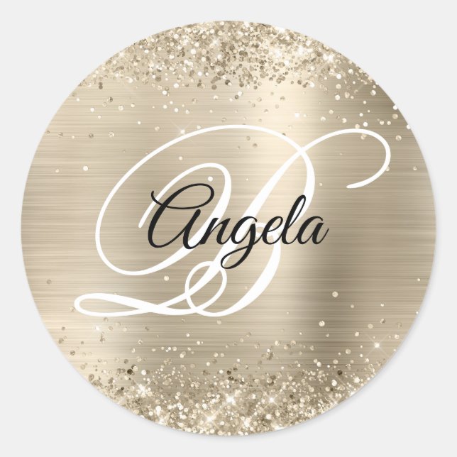 Glittery Champagne Foil Extravagant Monogram Runder Aufkleber (Vorderseite)