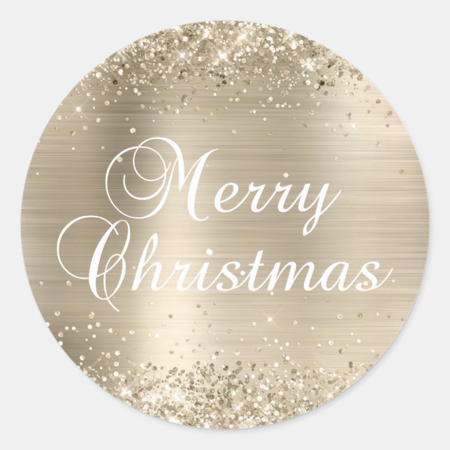 Glittery Champagne Foil Frohe Weihnachten Runder Aufkleber (Vorderseite)