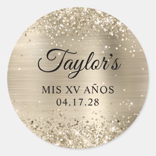 Glittery Champagne Foil Mis XV Anos Birthday Runder Aufkleber (Vorderseite)