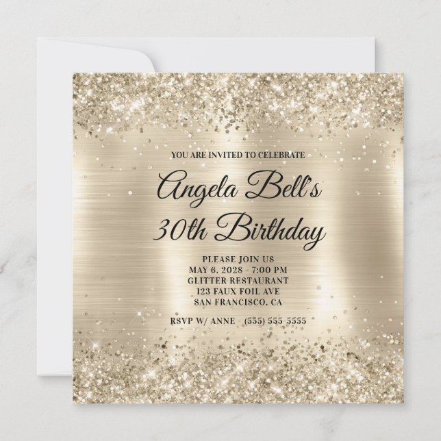 Glittery Champagne Gold Foil 30. Geburtstag Einladung (Vorderseite)