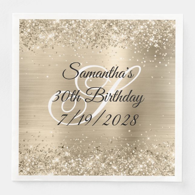 Glittery Champagne Monogram 30. Geburtstag Serviette (Vorderseite)