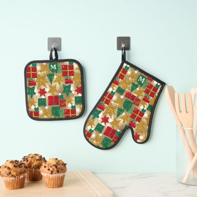Glittery Christmas Pattern Ofenhandschuh & Topflappen-Set (Insitu (Hängend))
