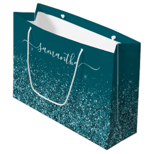 Glittery Dark Aquamarin Elegant Signature Name Große Geschenktüte