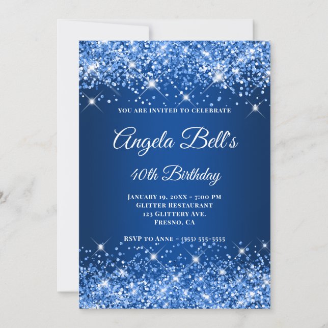 Glittery Deep Blue Ombre Extravagant Monogram Einladung (Vorderseite)