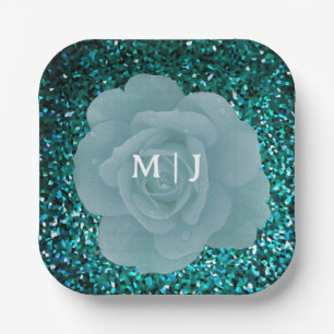 Glittery Dusty Blue Rose Monogram Elegant Wedding Pappteller