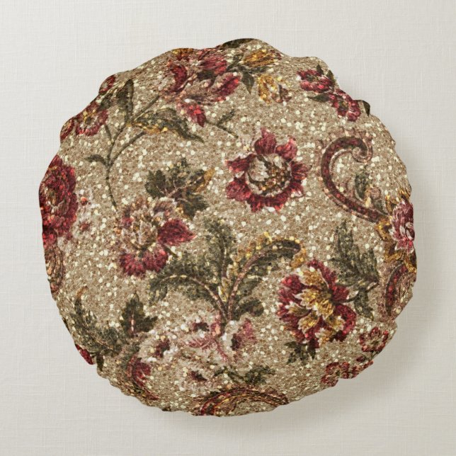Glittery Earthtone Blumentapisserie Rundes Kissen (Rückseite)