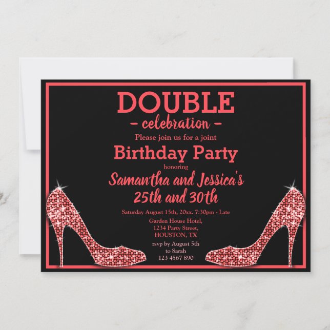 Glittery Funkelnd Red Stilettos Double Birthday Einladung (Vorderseite)