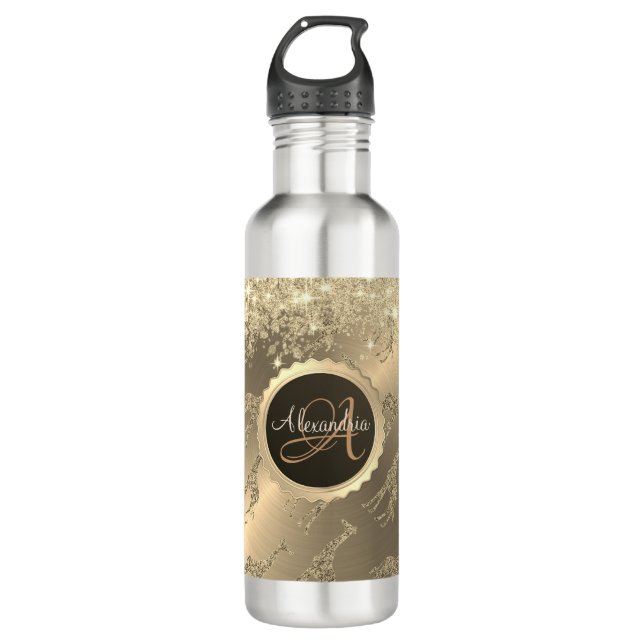 Glittery Giraffen auf Glitzy Gold Monogram Edelstahlflasche (Vorderseite)