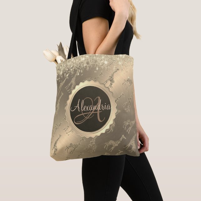 Glittery Giraffen auf Glitzy Gold Monogram Tote Ba Tasche (Von Nahem)