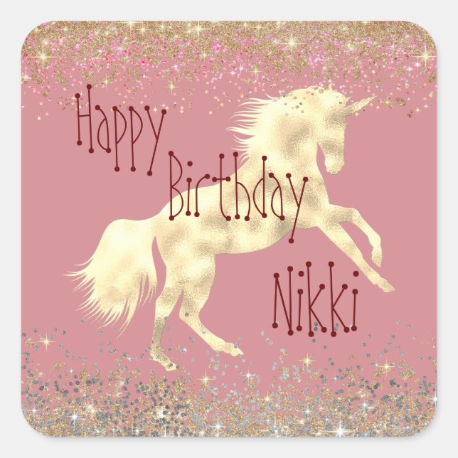 Glittery Glam Gold Unicorn Personalisiert Quadratischer Aufkleber (Vorderseite)