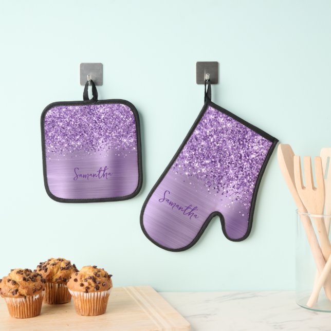 Glittery Glam Royal Lila Name Ofenhandschuh & Topflappen-Set (Insitu (Hängend))