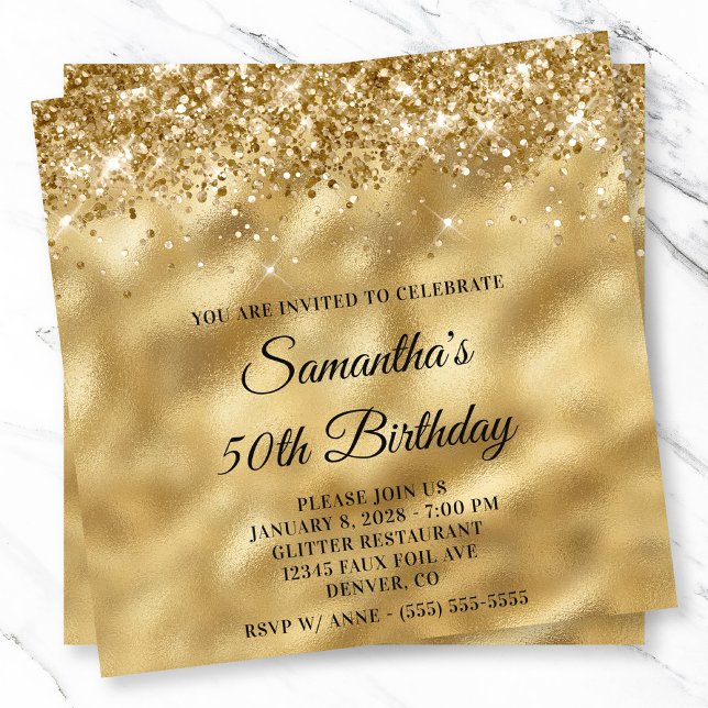 Glittery Glossy Gold Metallic Look 50. Geburtstag Einladung (Glittery Glossy Gold Metallic Look 50th Birthday Invitation)