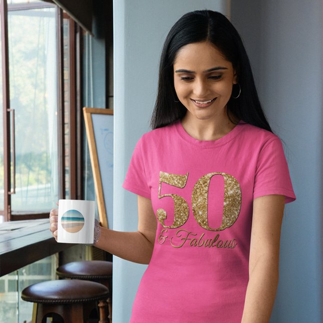 Glittery Gold 50 & Fabulous Pink T-Shirt (50 & Fabulous Birthday Tee)