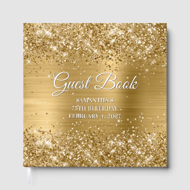 Glittery Gold and White 75th Birthday Gästebuch (Vorderseite)