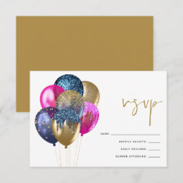 Glittery Gold Blue Fuchsia Balloons 60. Geburtstag RSVP Karte