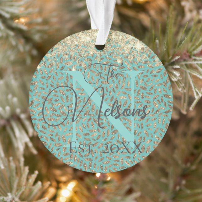 Glittery Gold Feathers Monogramme Nom de famille (Arbre)