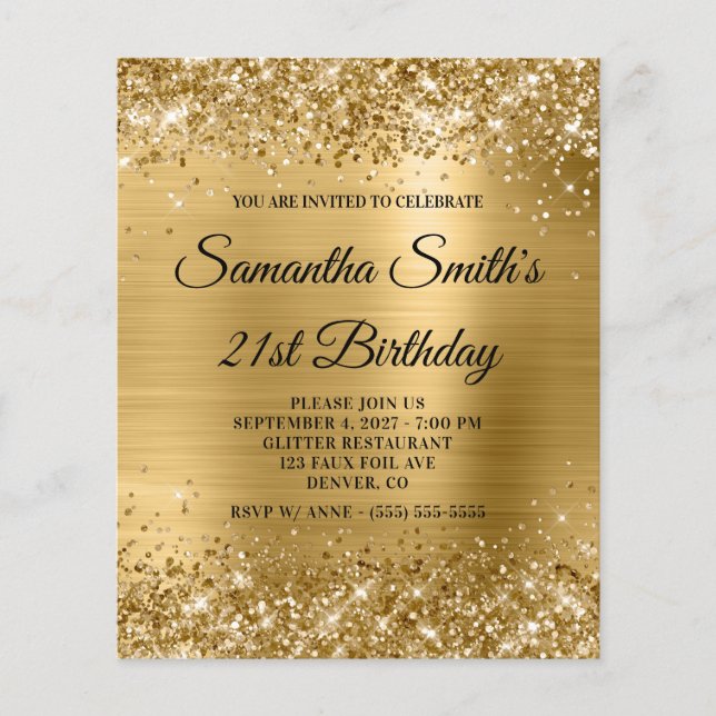 Glittery Gold Foil 21. Geburtstag Einladung Flyer (Vorne)