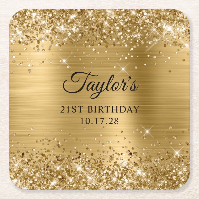 Glittery Gold Foil 21st Birthday Rechteckiger Pappuntersetzer (Vorderseite)