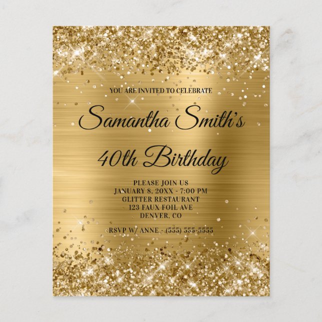 Glittery Gold Foil 40. Geburtstag Einladung (Vorderseite)