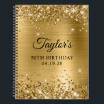 Glittery Gold Foil 90th Birthday Guest Notizbuch<br><div class="desc">Erstellen Sie Ihr eigenes Gästebuchdesign aus dem 90. Geburtstag in einem leeren Notebook. Girly Imitate funkelnd Gold Glitzer auf der Oberseite und unten Rand, über einem Imitat golden gebürstet Metall Stil glänzende Folie. Passen Sie die Stile des Schriftartes an, um Ihr eigenes Gästebuch zu kreieren. Eine klassische, elegante Kalligraphie gepaart...</div>
