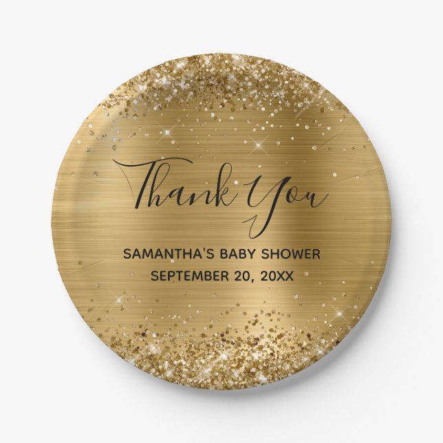 Glittery Gold Foil Baby Dusche Vielen Dank Pappteller (Vorderseite)
