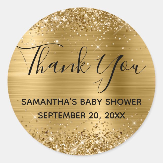 Glittery Gold Foil Baby Dusche Vielen Dank Runder Aufkleber (Vorderseite)
