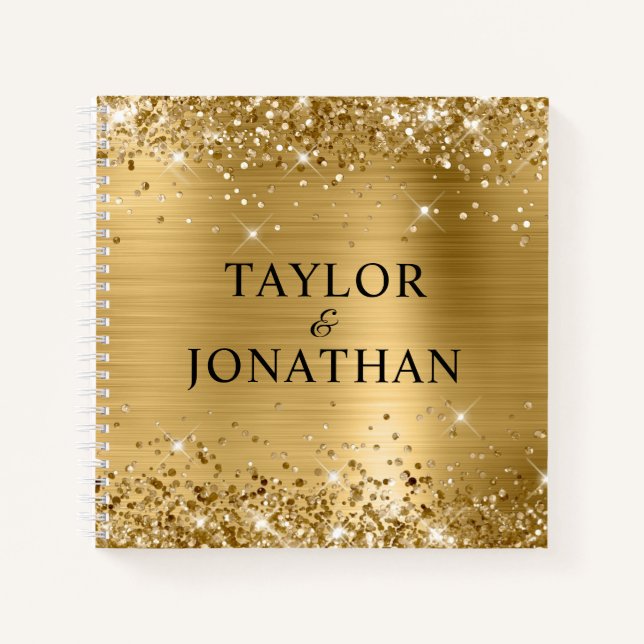 Glittery Gold Foil Bride & Groom Wedding Guest Notizbuch (Vorderseite)