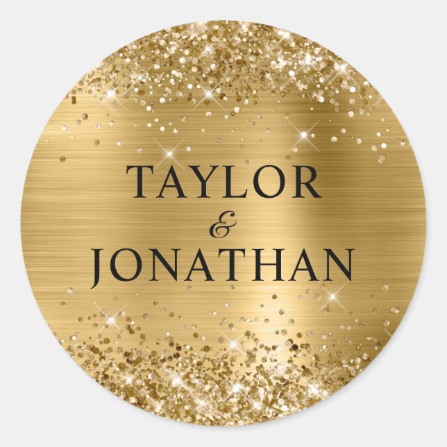 Glittery Gold Foil Bride & Groom Wedding Runder Aufkleber (Vorderseite)