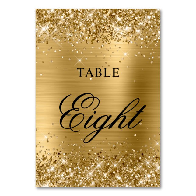Glittery Gold Foil Extravagant Classic Calligraphi Tischnummer (Rückseite)