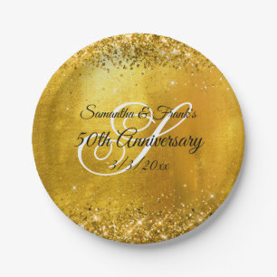 Glittery Gold Foil Extravagant Monogram 50 Jahre Pappteller