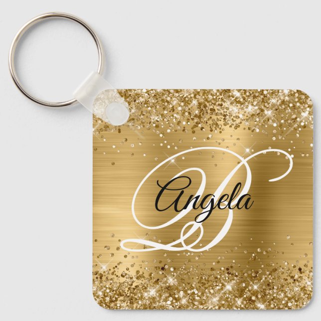 Glittery Gold Foil Extravagant Monogram Schlüsselanhänger (Vorderseite)