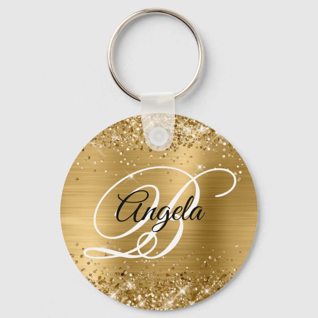 Glittery Gold Foil Extravagant Monogram Schlüsselanhänger (Vorderseite)