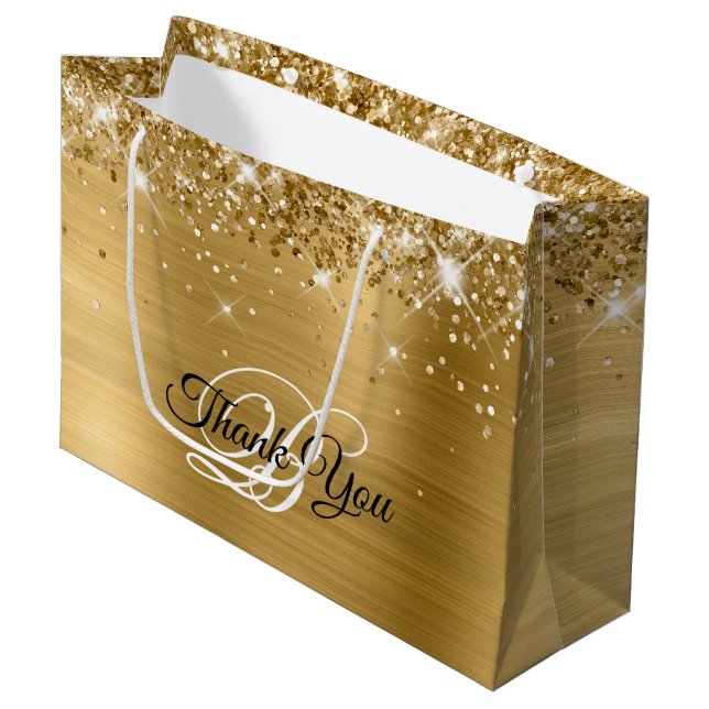 Glittery Gold Foil Extravagant Monogram Vielen Dan Große Geschenktüte (Vorderseite Schrägansicht)